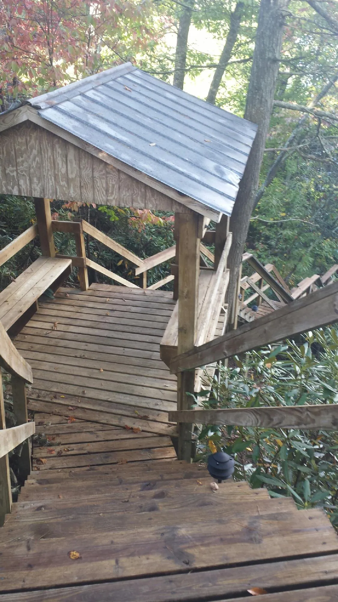 Metal roofed shelter over wooden steps on a wooded walkway — Skylight Repair & Installation work by our crew in Ira
