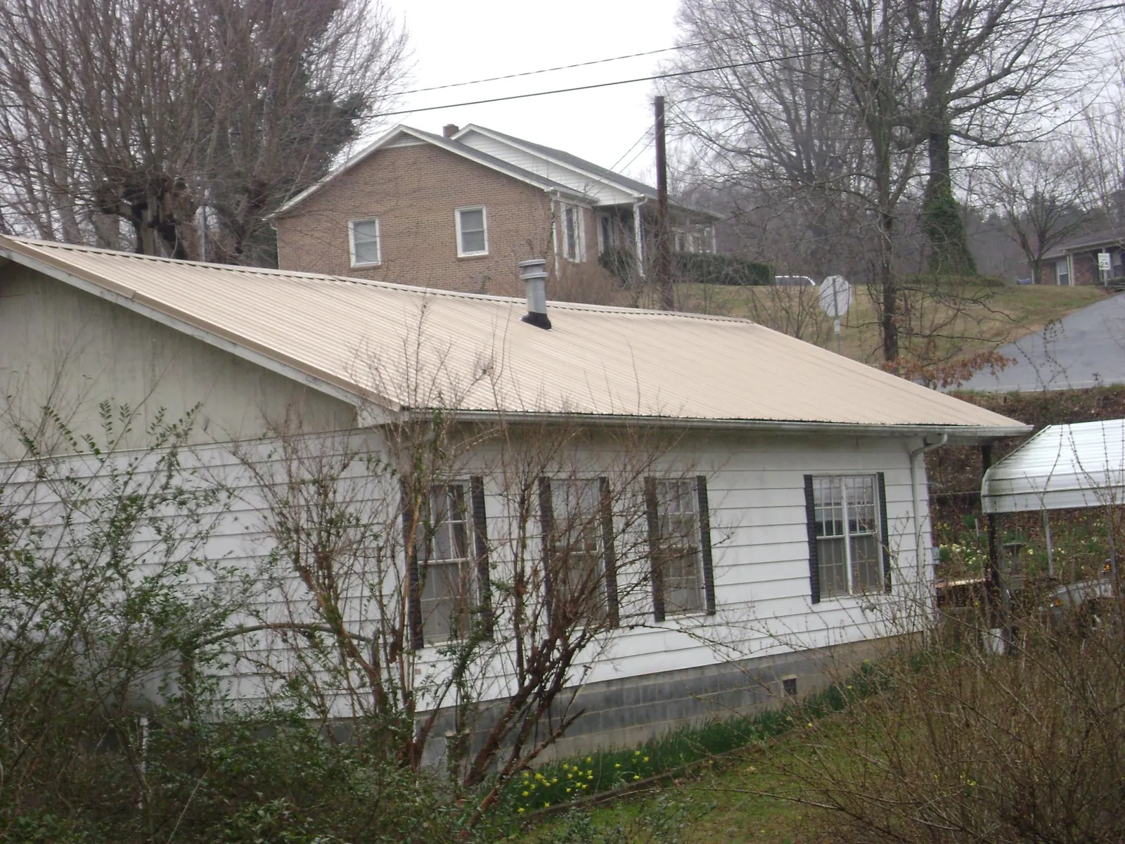 Tan metal roof on a white sided house set into a hillside — Commercial Roofing by Roofing Brothers in Ira